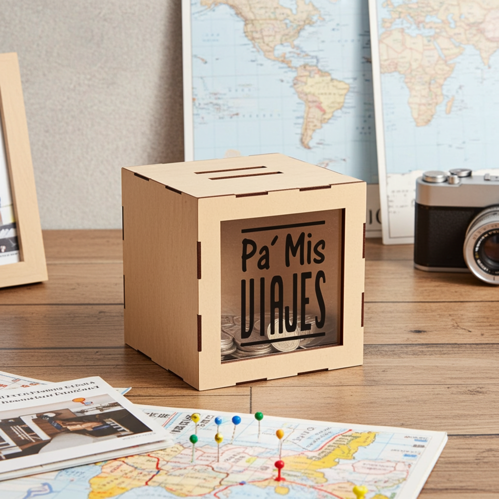 CRE-003 Alcancia de madera(MDF) personalizada (Pa mis viajes) 20x20x8